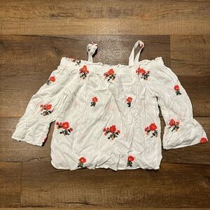 White Off-Shoulder Top with Red Embroidered Floral Design